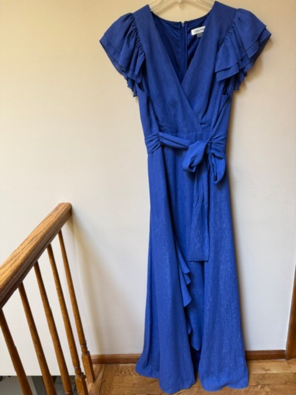 Calvin Klein Blue V-Neck Flutter Sleeve Belted Maxi Dress Size 16